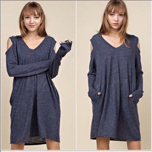 Cold Shoulder Soft Heather Blue Dress W/ POCKETS
